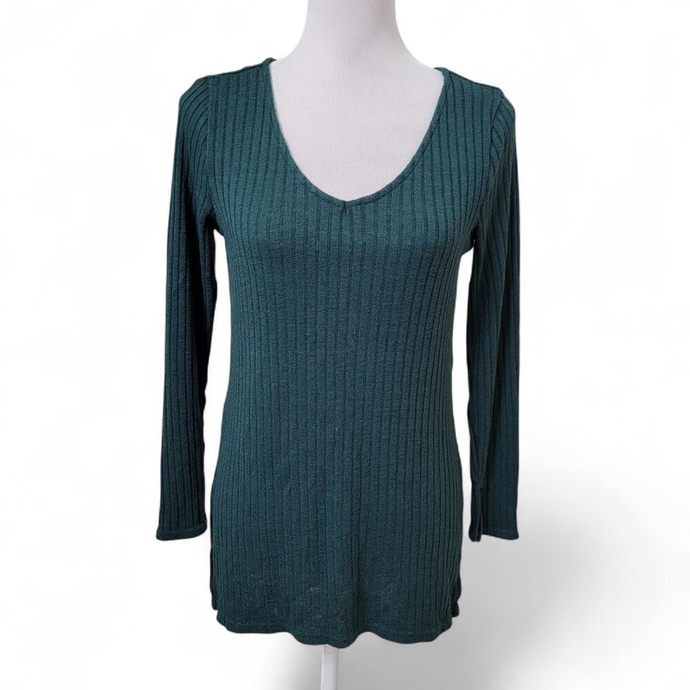 Divided Size S Dark Green Ribbed V Neck Pullover Sweater, Gently Used Condition